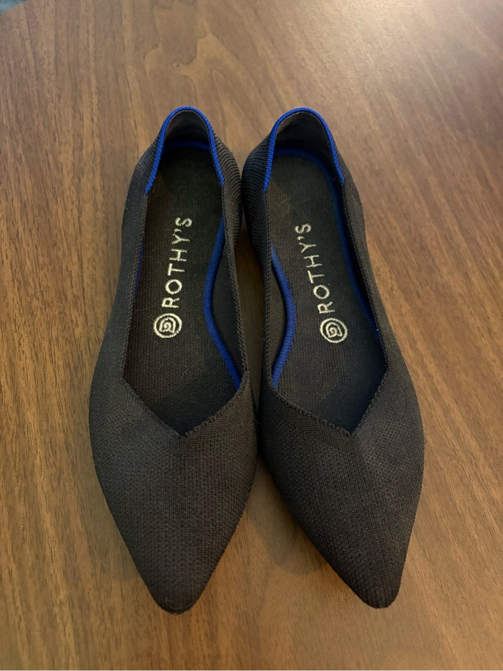 Rothy's Black Pointed Knit Flats with Blue Trim
